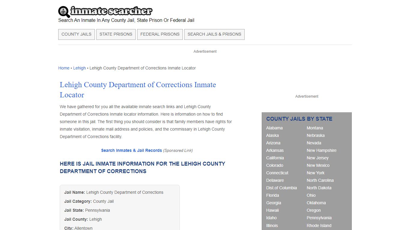 Lehigh County Department of Corrections Inmate Locator - Inmate Searcher